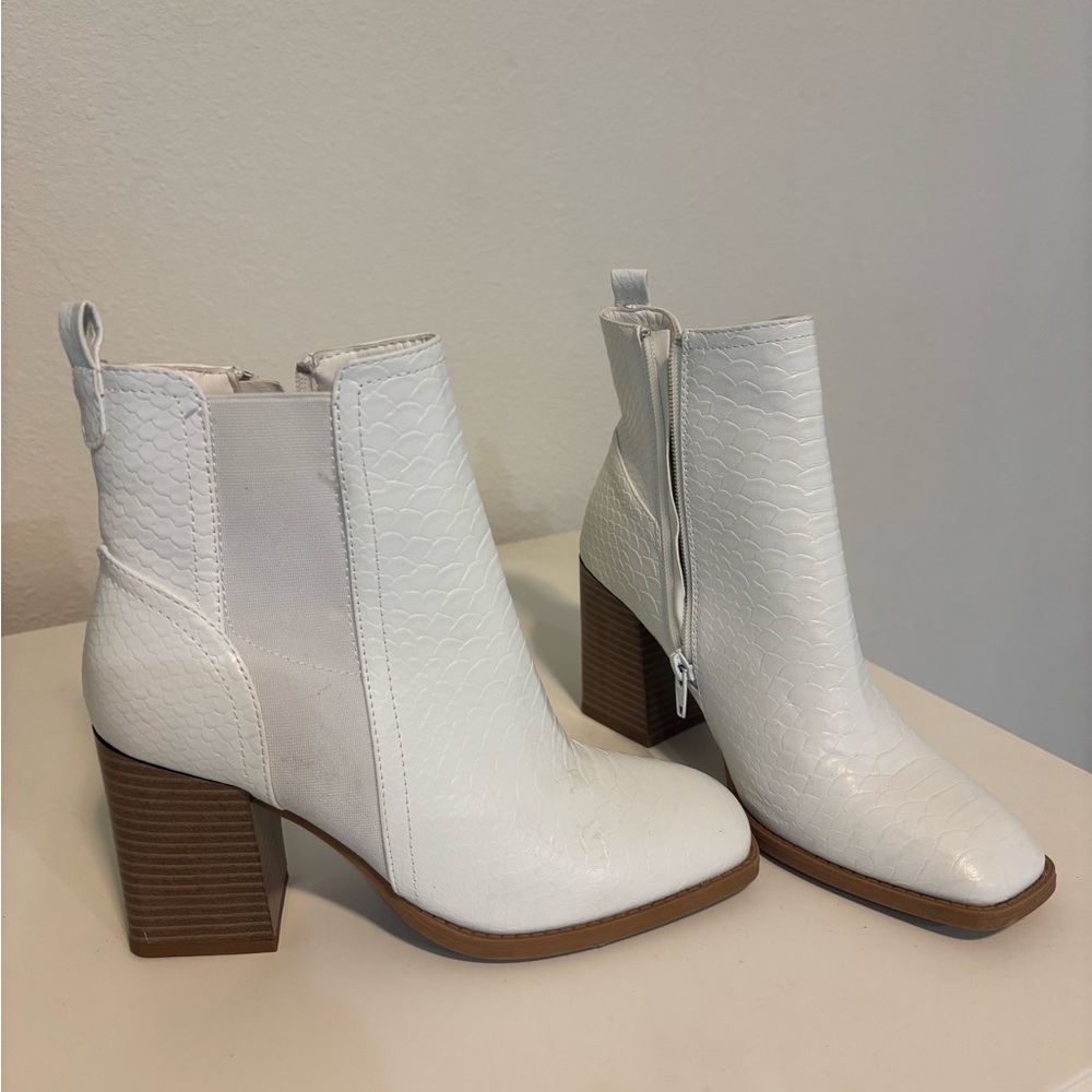 White Textured Block Heel Ankle Boots - Women's